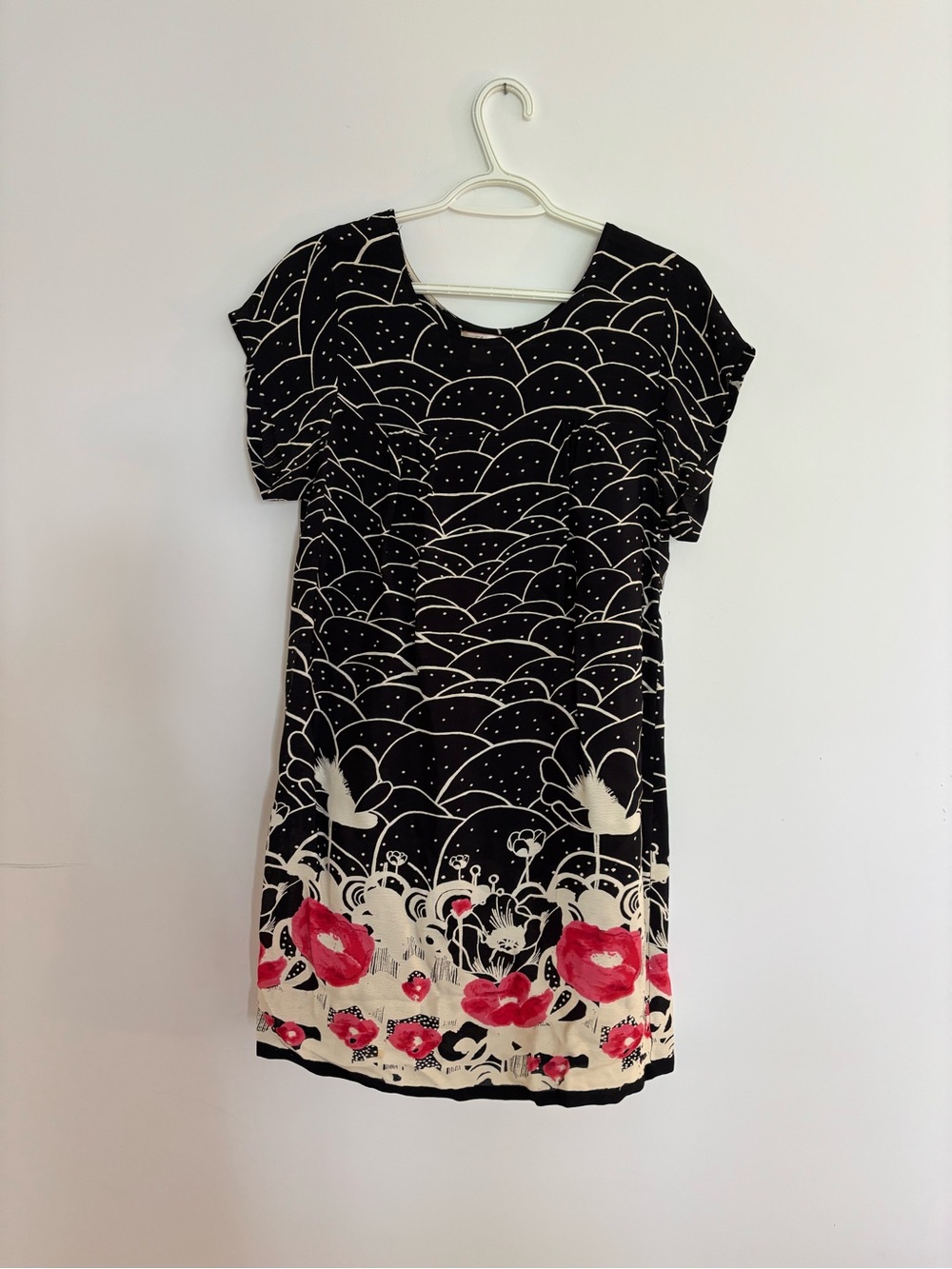 Lux Black Mini Dress with Cream Waves and Red Floral Border